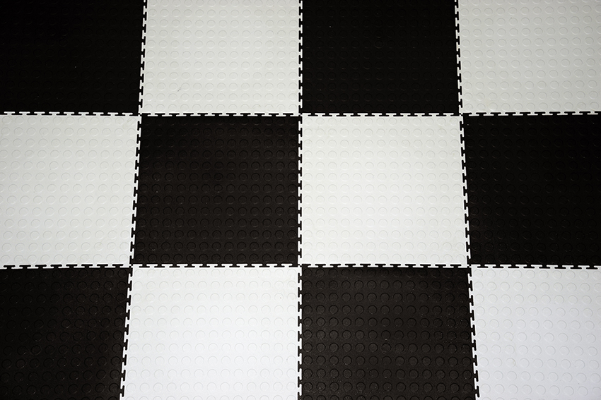  coin-dot product-details pvc-interlocking-tiles-black-&-white-checker-coin-dot-model:gfl-cd-814garage-flooring-coin-dot-interlocking-tiles-black-white-garage-flooring-close-up2